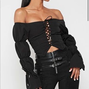Maniere De Voir Lace Up Puff Sleeve Top